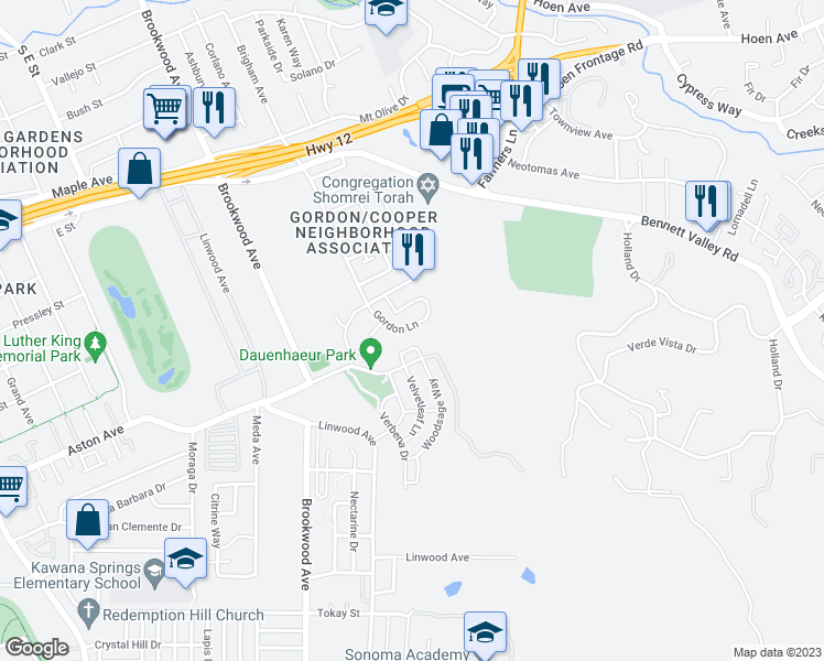 map of restaurants, bars, coffee shops, grocery stores, and more near 1365 Gordon Lane in Santa Rosa