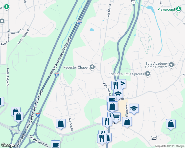 map of restaurants, bars, coffee shops, grocery stores, and more near 111 Regester Chapel Road in Stafford