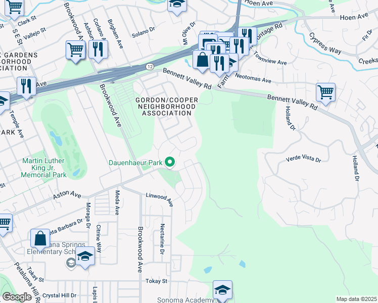 map of restaurants, bars, coffee shops, grocery stores, and more near 1363 Gordon Lane in Santa Rosa