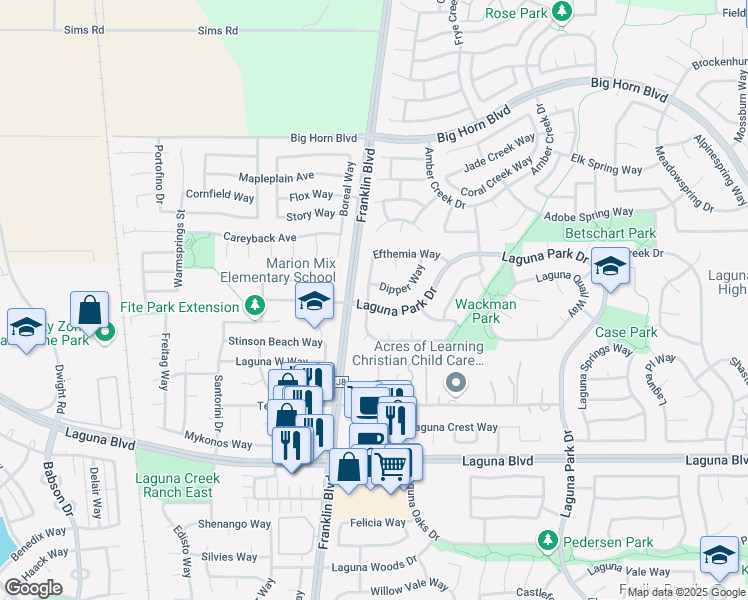 map of restaurants, bars, coffee shops, grocery stores, and more near 5011 Laguna Park Drive in Elk Grove