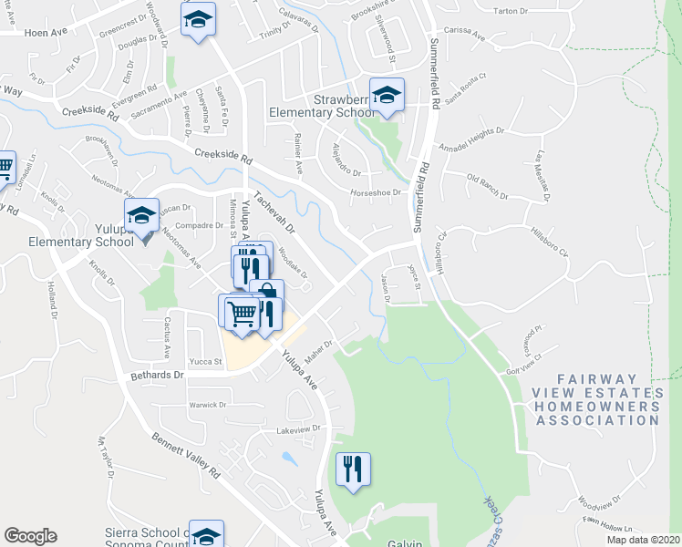 map of restaurants, bars, coffee shops, grocery stores, and more near 2991 Tachevah Drive in Santa Rosa