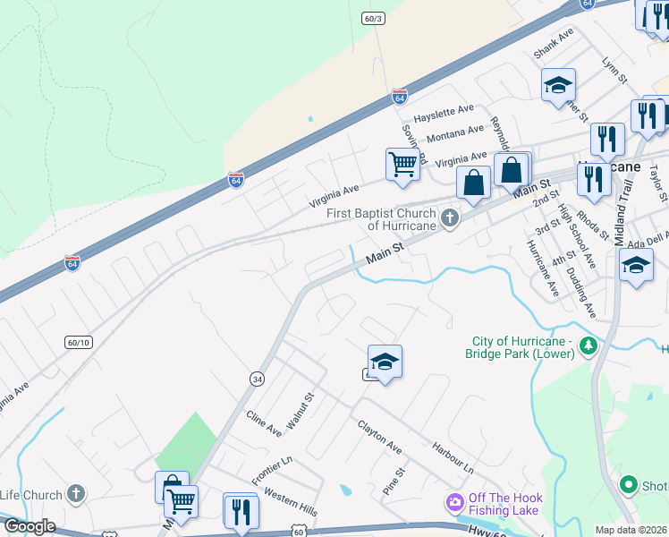 map of restaurants, bars, coffee shops, grocery stores, and more near 2556-2576 Main Street in Hurricane