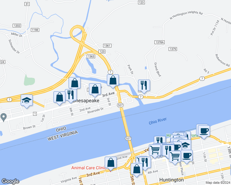 map of restaurants, bars, coffee shops, grocery stores, and more near 215 3rd Avenue in Chesapeake