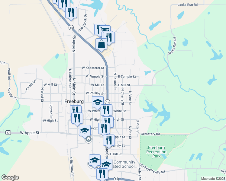 map of restaurants, bars, coffee shops, grocery stores, and more near 202 North State Street in Freeburg