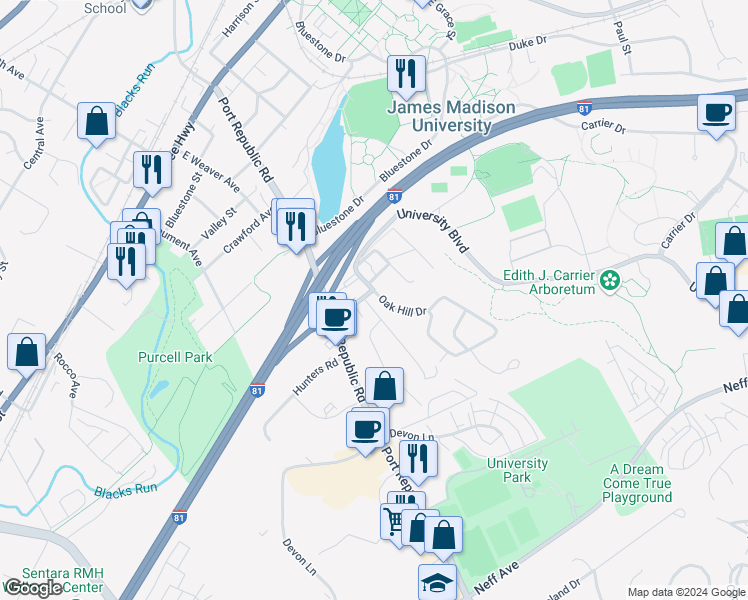 map of restaurants, bars, coffee shops, grocery stores, and more near 710 Greenbriar Drive in Harrisonburg