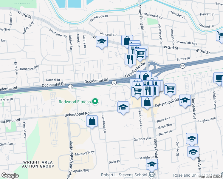 map of restaurants, bars, coffee shops, grocery stores, and more near 621 Ryan Lane in Santa Rosa