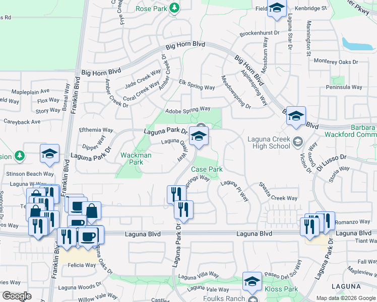 map of restaurants, bars, coffee shops, grocery stores, and more near 5713 Laguna Quail Way in Elk Grove