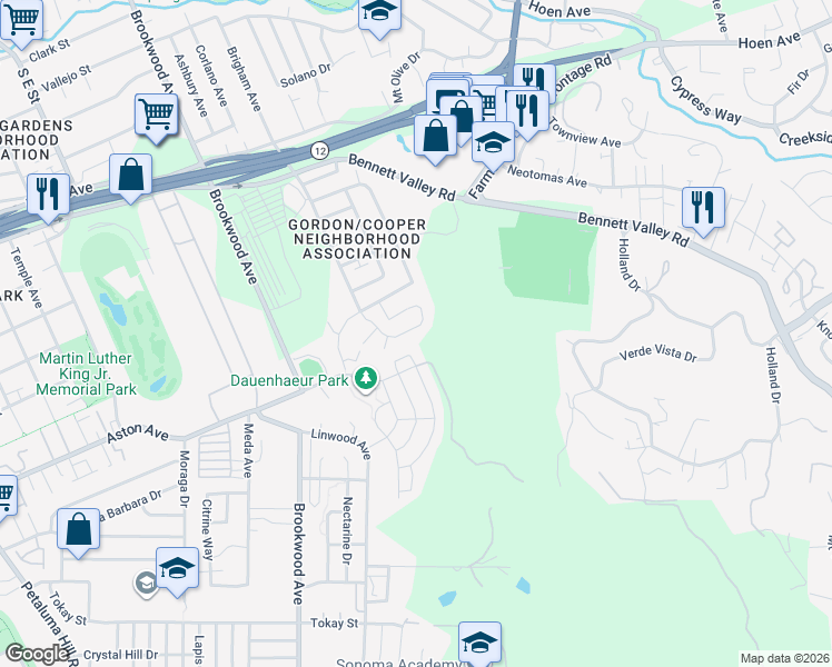 map of restaurants, bars, coffee shops, grocery stores, and more near 1371 Gordon Lane in Santa Rosa