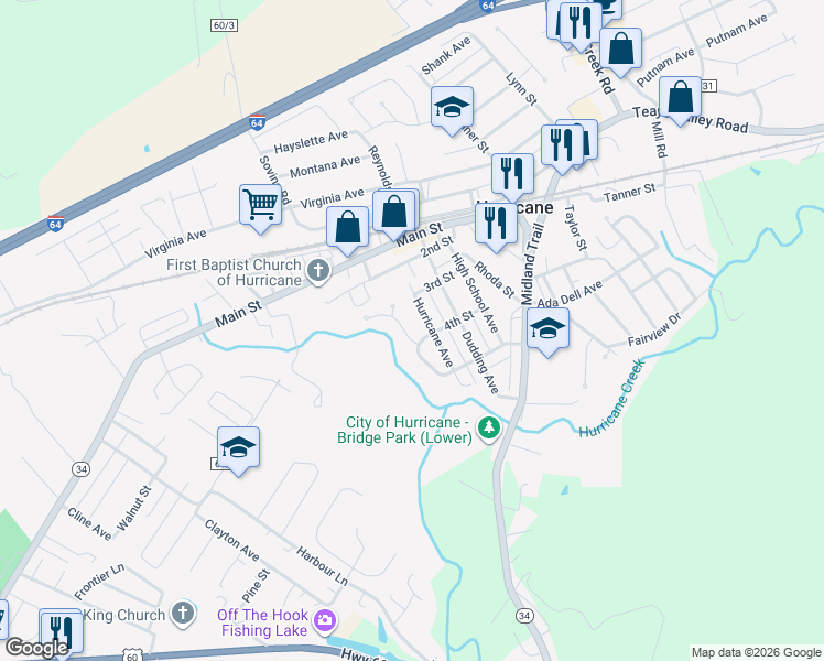 map of restaurants, bars, coffee shops, grocery stores, and more near 27 Belvue Dr in Hurricane
