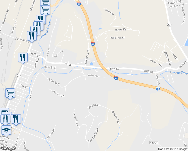 map of restaurants, bars, coffee shops, grocery stores, and more near Easter Road in Nitro