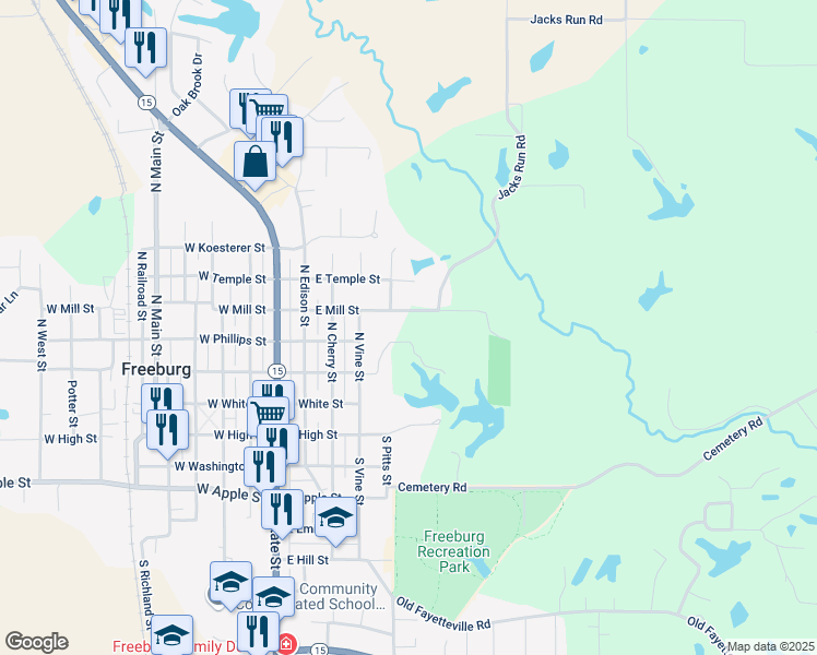 map of restaurants, bars, coffee shops, grocery stores, and more near 400 East Mill Street in Freeburg