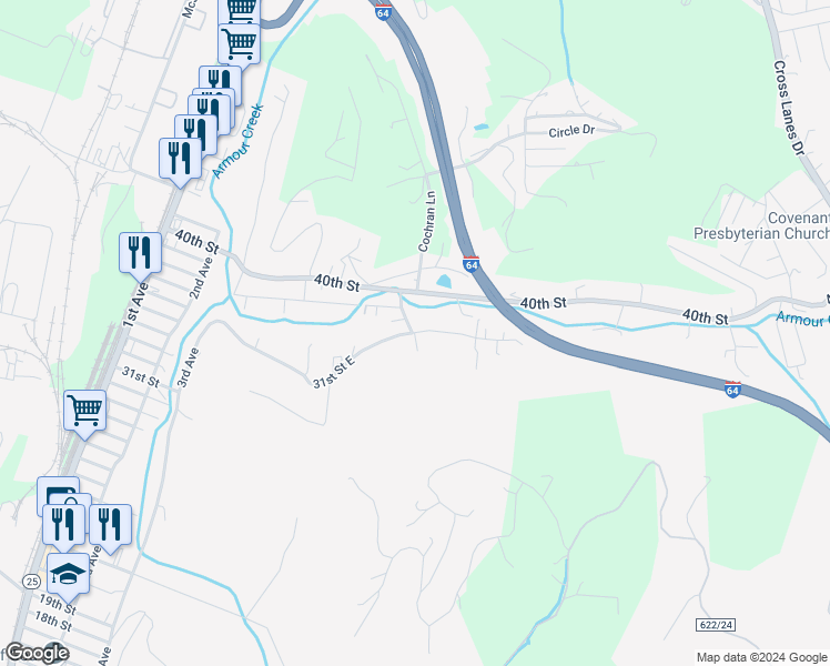 map of restaurants, bars, coffee shops, grocery stores, and more near 216 Easter Rd in Nitro