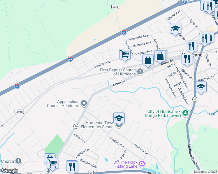 map of restaurants, bars, coffee shops, grocery stores, and more near West Virginia 34 Alternate in Hurricane