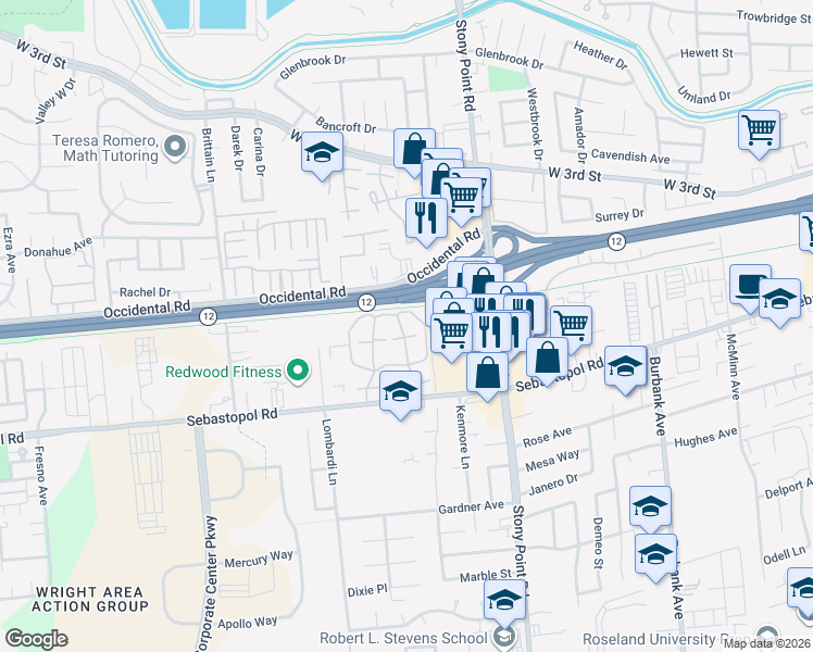 map of restaurants, bars, coffee shops, grocery stores, and more near 574 Laurel Grove Circle in Santa Rosa