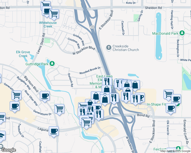map of restaurants, bars, coffee shops, grocery stores, and more near 8310 Lake Willow Way in Elk Grove