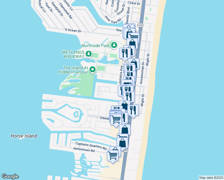 map of restaurants, bars, coffee shops, grocery stores, and more near 12301 Jamaica Avenue in Ocean City