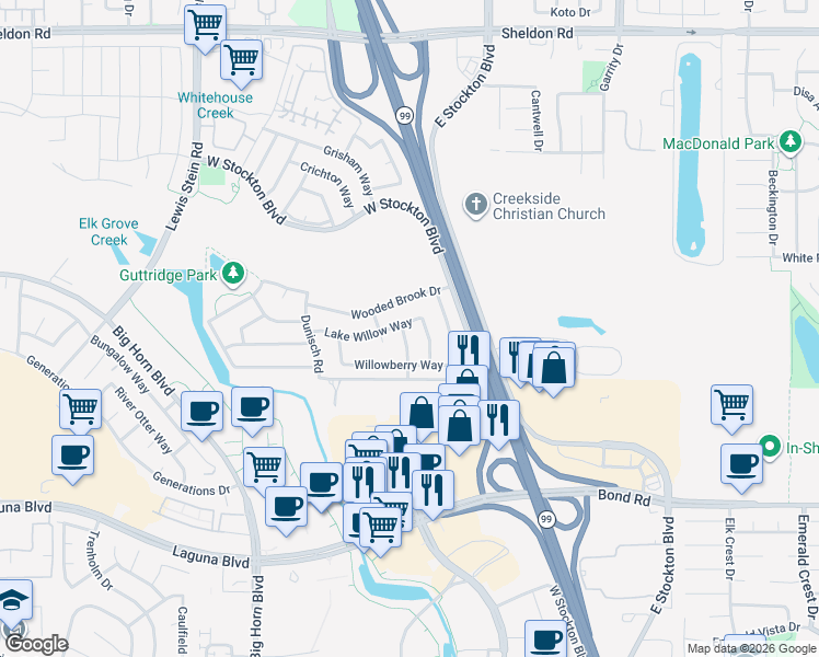 map of restaurants, bars, coffee shops, grocery stores, and more near 9059 Wildwillow Court in Elk Grove