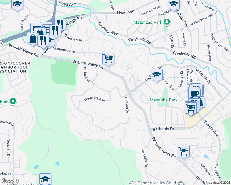 map of restaurants, bars, coffee shops, grocery stores, and more near 3590 Verde Vista Drive in Santa Rosa