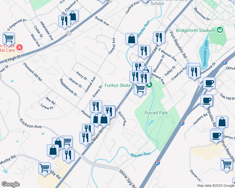 map of restaurants, bars, coffee shops, grocery stores, and more near 1641 South Main Street in Harrisonburg