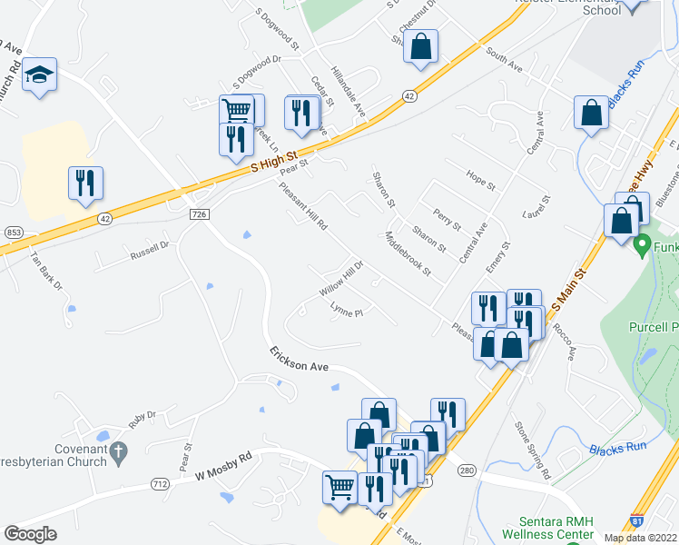 map of restaurants, bars, coffee shops, grocery stores, and more near 1831 Willow Hill Drive in Harrisonburg