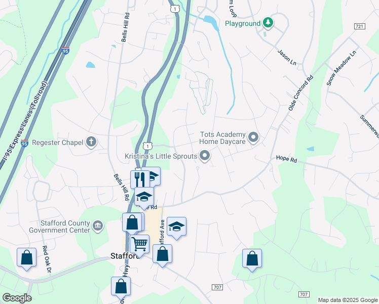 map of restaurants, bars, coffee shops, grocery stores, and more near 7 Masters Drive in Stafford