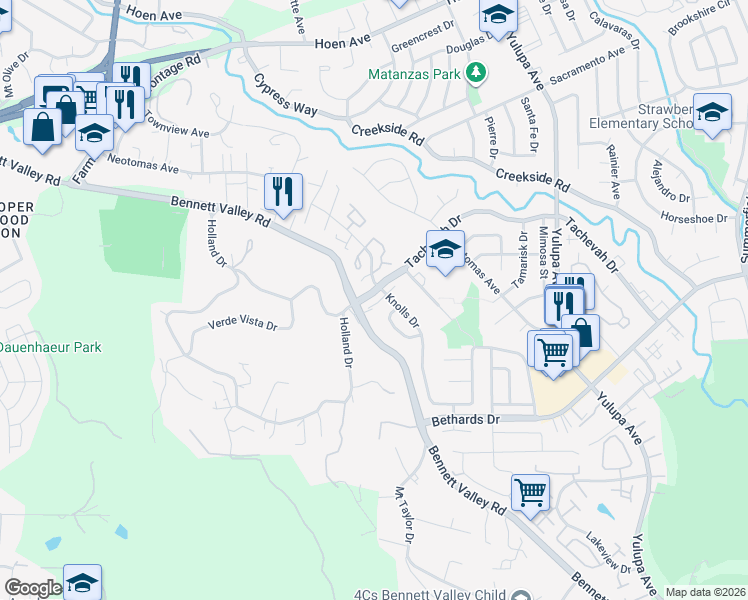 map of restaurants, bars, coffee shops, grocery stores, and more near 2242 Knolls Hills Circle in Santa Rosa