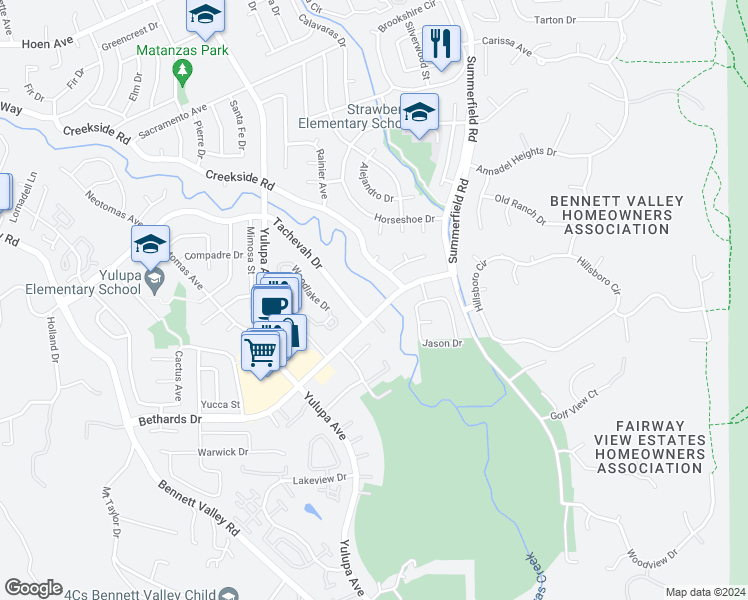 map of restaurants, bars, coffee shops, grocery stores, and more near 2991 Tachevah Drive in Santa Rosa