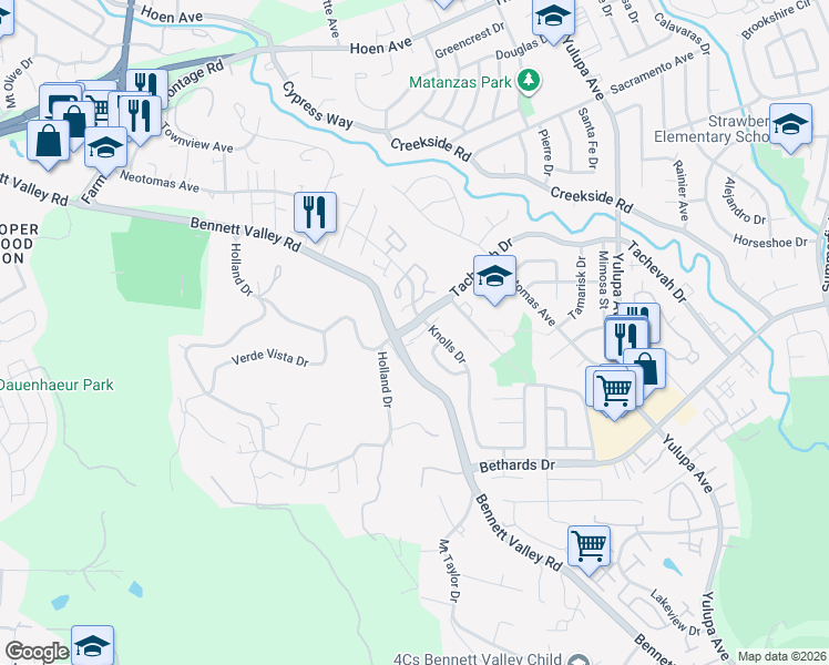 map of restaurants, bars, coffee shops, grocery stores, and more near 2242 Knolls Hills Circle in Santa Rosa