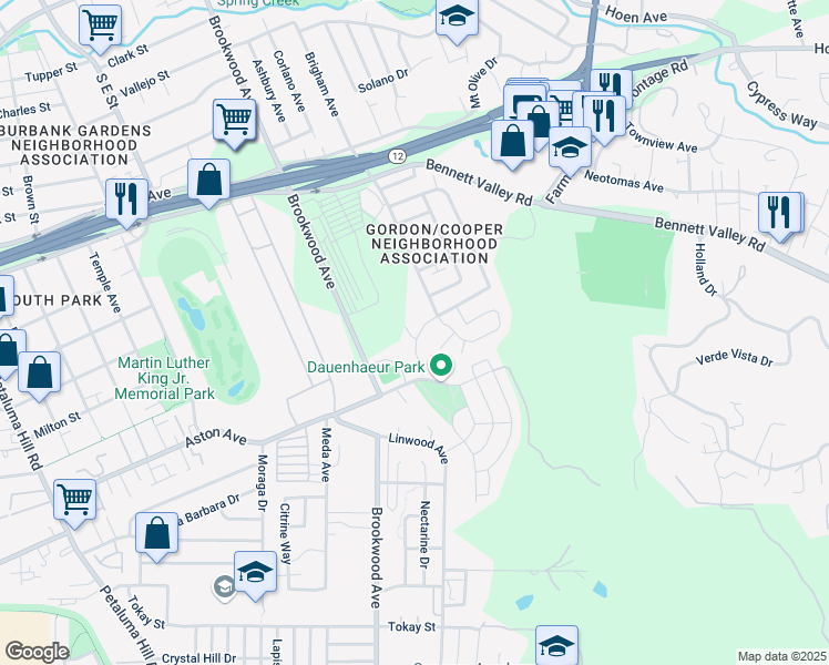 map of restaurants, bars, coffee shops, grocery stores, and more near 2042 Cooper Drive in Santa Rosa