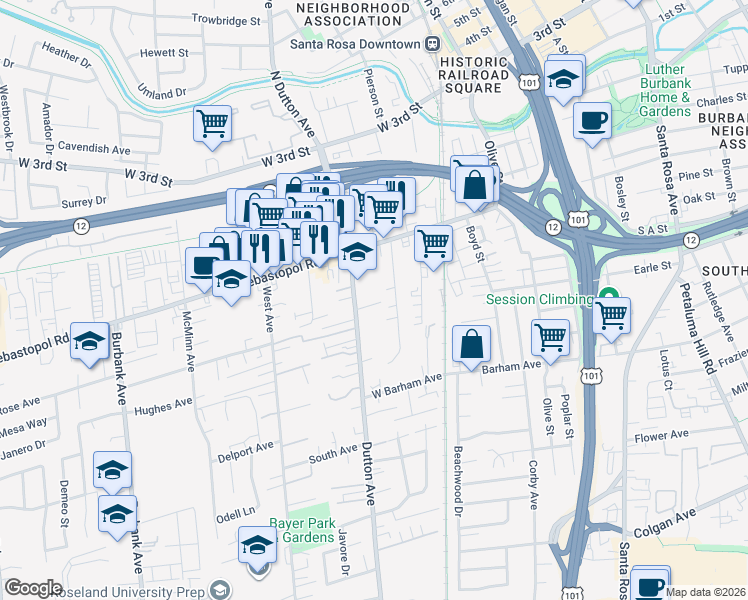 map of restaurants, bars, coffee shops, grocery stores, and more near 473 Goodman Avenue in Santa Rosa