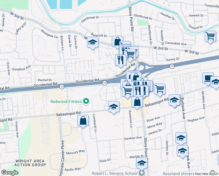 map of restaurants, bars, coffee shops, grocery stores, and more near 621 Ryan Lane in Santa Rosa