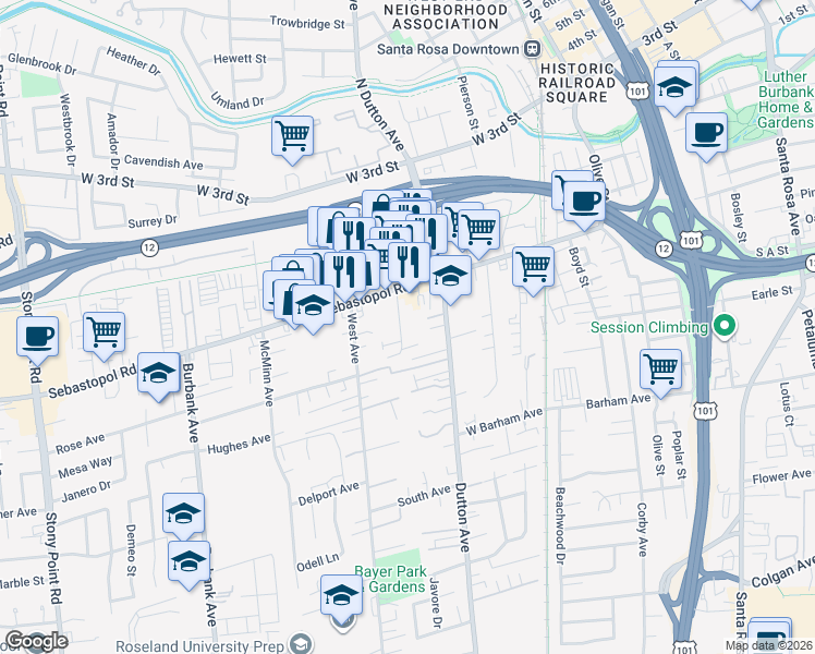 map of restaurants, bars, coffee shops, grocery stores, and more near 610 Avalon Avenue in Santa Rosa