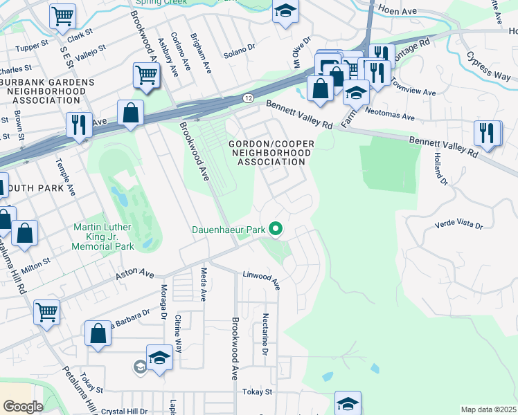 map of restaurants, bars, coffee shops, grocery stores, and more near 2042 Cooper Drive in Santa Rosa
