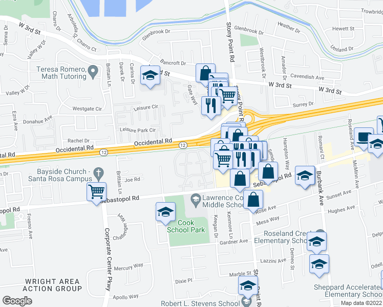 map of restaurants, bars, coffee shops, grocery stores, and more near 590 Laurel Grove Circle in Santa Rosa