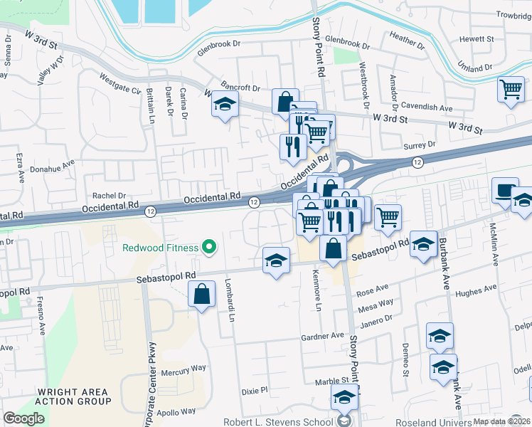 map of restaurants, bars, coffee shops, grocery stores, and more near 621 Ryan Lane in Santa Rosa
