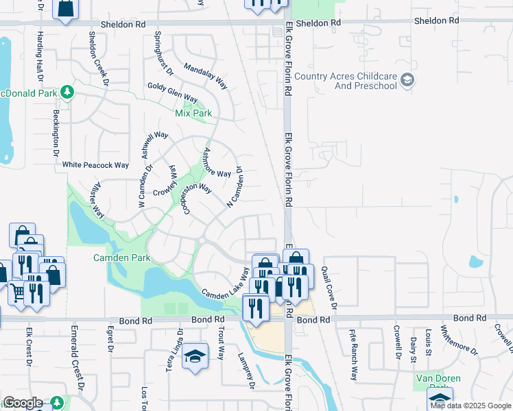 map of restaurants, bars, coffee shops, grocery stores, and more near 9031 Camden Lake Way in Elk Grove