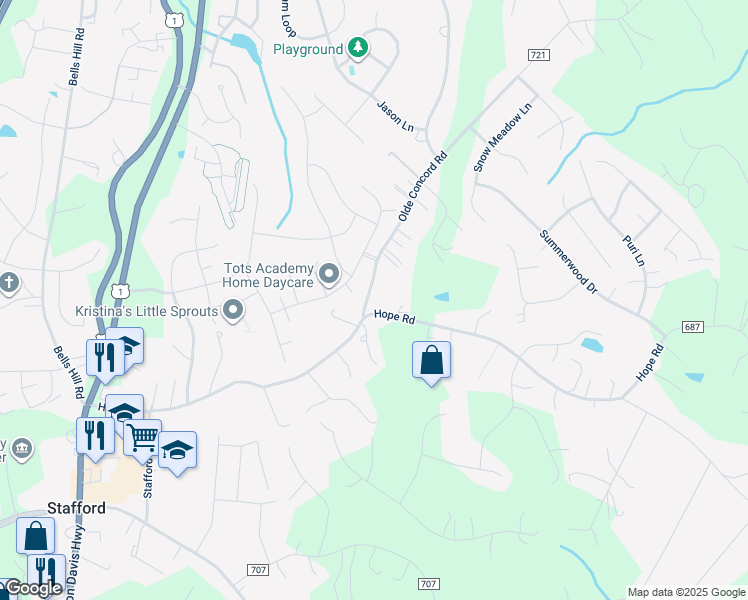 map of restaurants, bars, coffee shops, grocery stores, and more near 191 Hope Road in Stafford