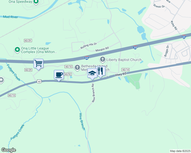 map of restaurants, bars, coffee shops, grocery stores, and more near 2744-3198 Midland Trail in Ona