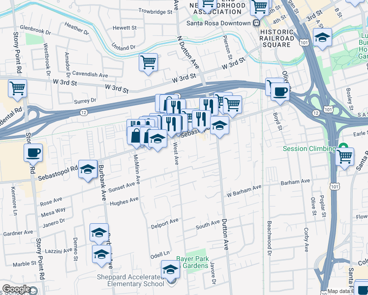 map of restaurants, bars, coffee shops, grocery stores, and more near 756 West Avenue in Santa Rosa