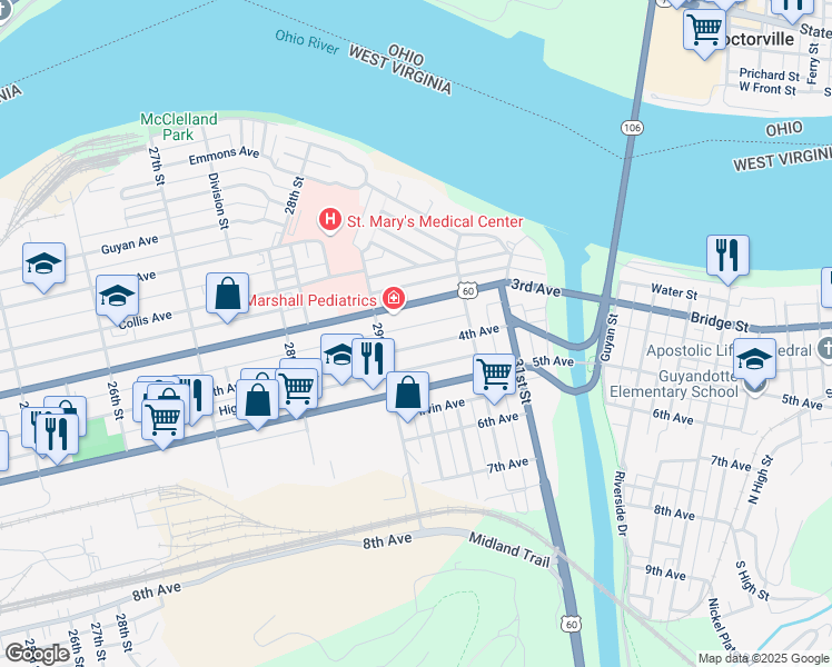 map of restaurants, bars, coffee shops, grocery stores, and more near 2919 4th Avenue in Huntington