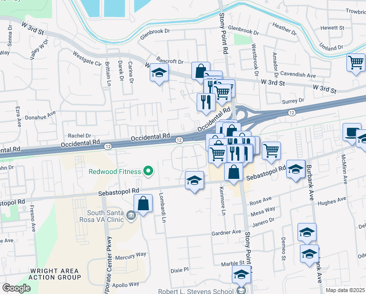 map of restaurants, bars, coffee shops, grocery stores, and more near Laurel Grove Circle & West Jasmine Circle in Santa Rosa