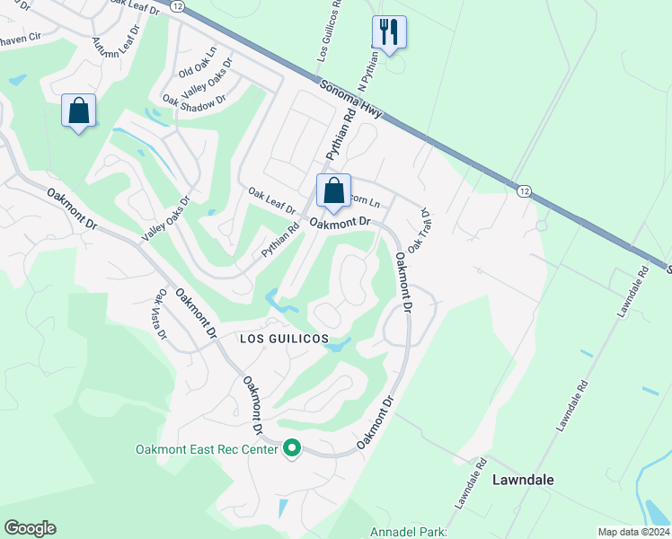 map of restaurants, bars, coffee shops, grocery stores, and more near 321 Twin Lakes Drive in Santa Rosa