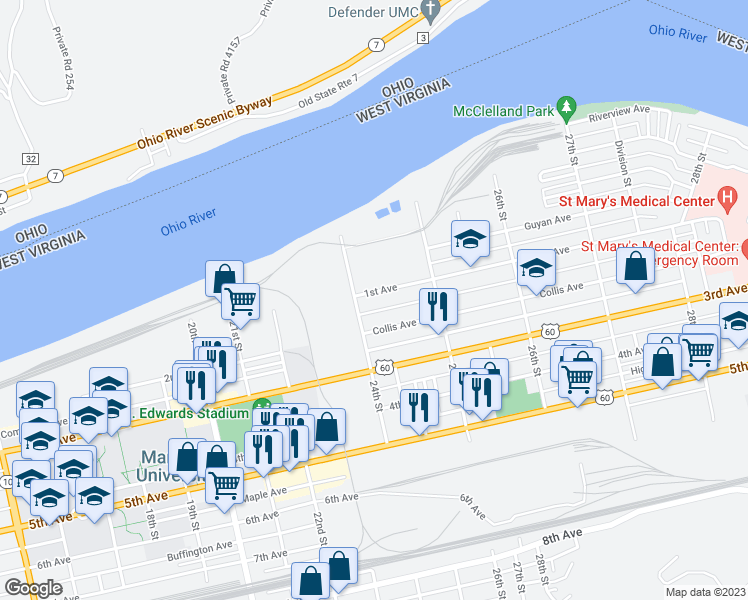 map of restaurants, bars, coffee shops, grocery stores, and more near 2425 1st Avenue in Huntington