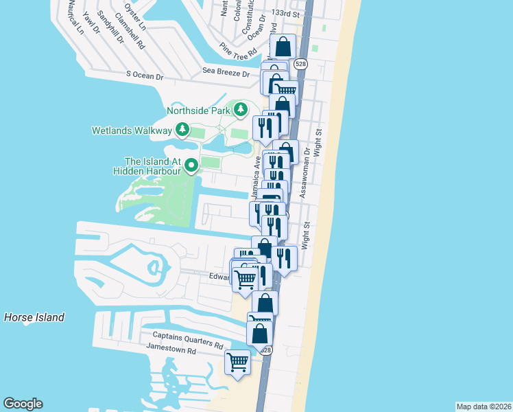map of restaurants, bars, coffee shops, grocery stores, and more near 12302 Jamaica Avenue in Ocean City