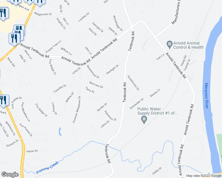 map of restaurants, bars, coffee shops, grocery stores, and more near 2813 Tiara Drive in Arnold