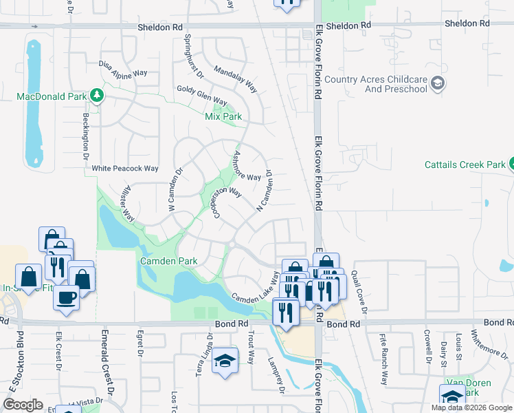 map of restaurants, bars, coffee shops, grocery stores, and more near 9028 North Camden Drive in Elk Grove