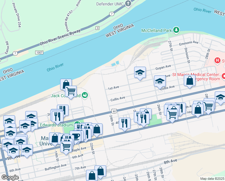 map of restaurants, bars, coffee shops, grocery stores, and more near 2420 Collis Avenue in Huntington