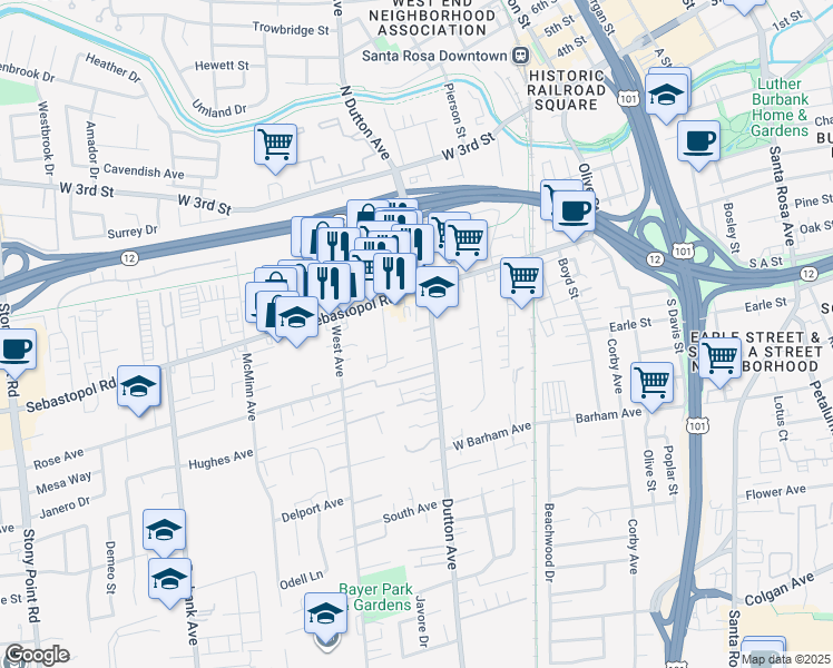 map of restaurants, bars, coffee shops, grocery stores, and more near 721 Dutton Avenue in Santa Rosa