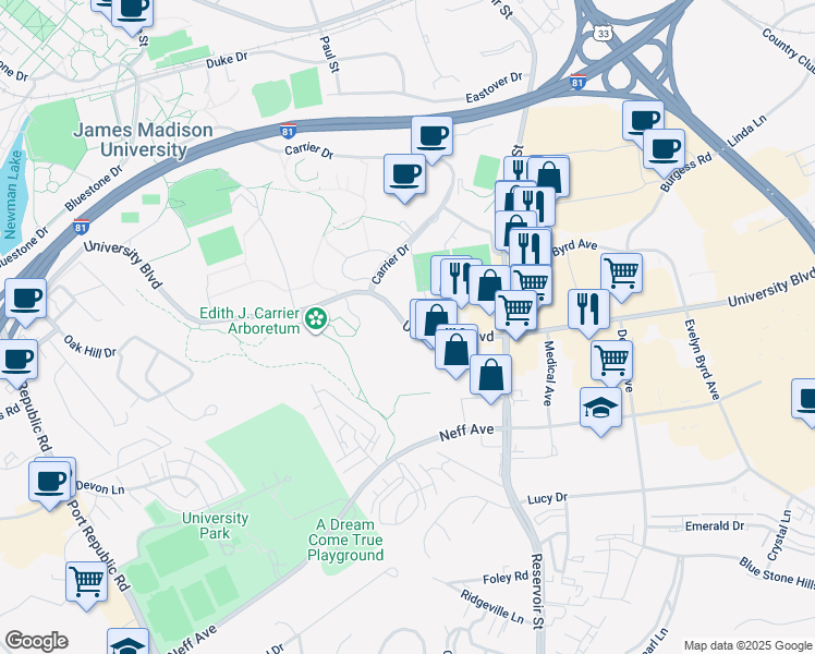 map of restaurants, bars, coffee shops, grocery stores, and more near 644 University Blvd in Harrisonburg
