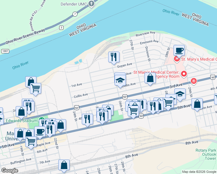 map of restaurants, bars, coffee shops, grocery stores, and more near 2549 1st Avenue in Huntington